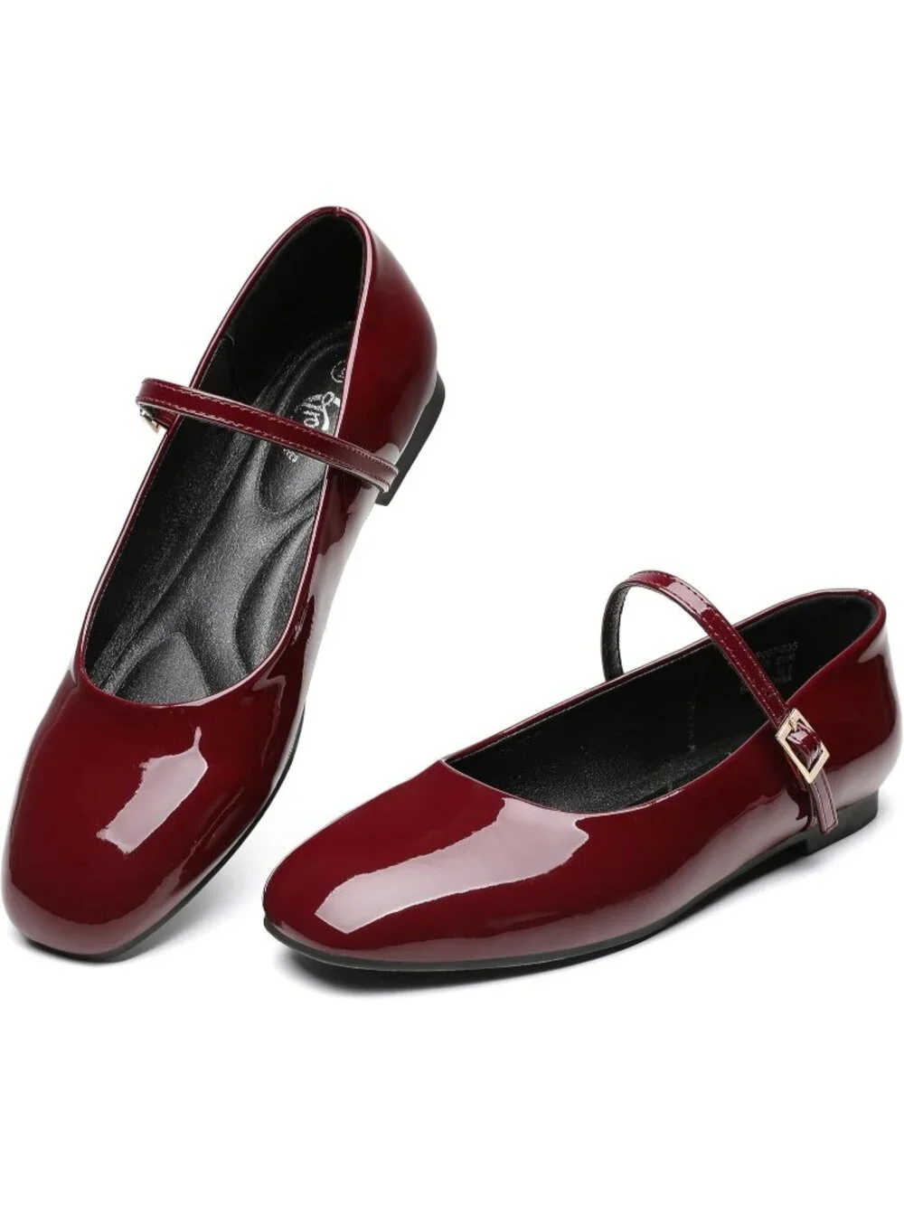 Women Wine Red Square Toe With Adjustable Buckle Strap Ballet Flat Slip On Shoes